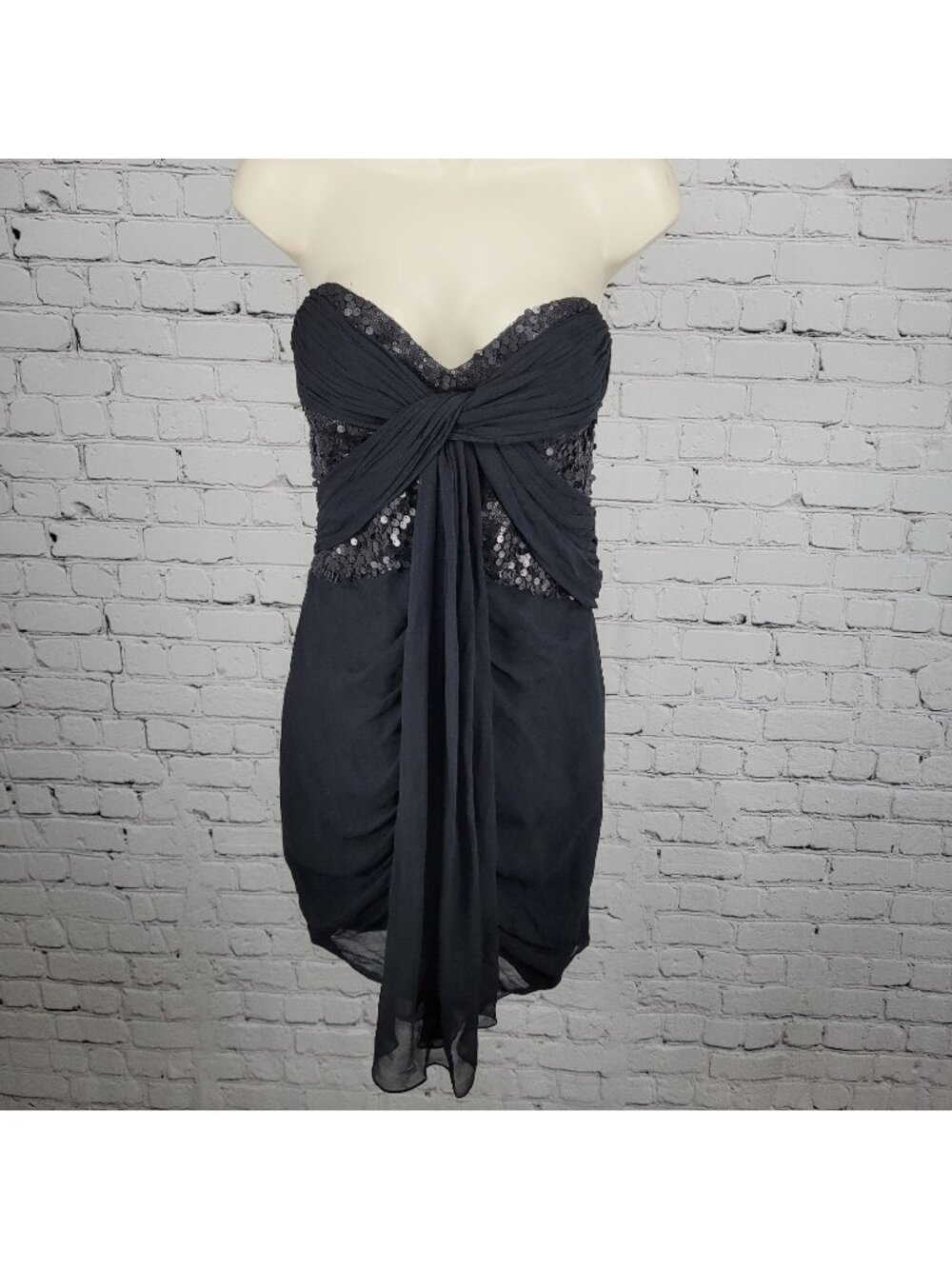 Kurt Thomas Black Silk Chiffon Sequin Strapless Lined Mini Dress Size 10